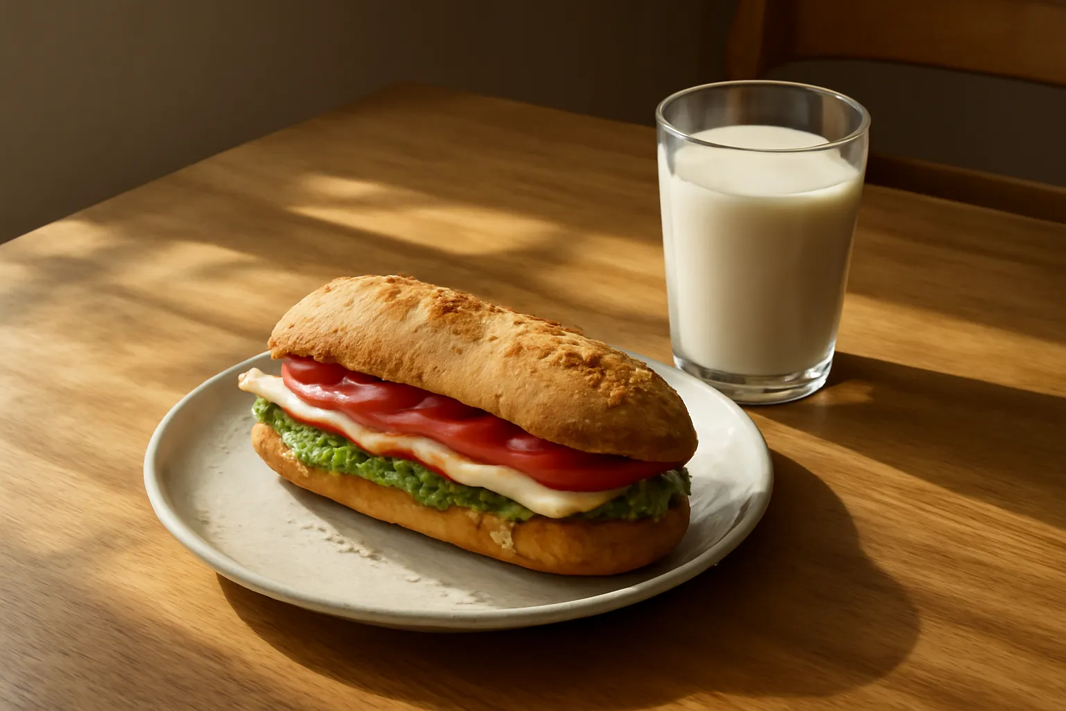 Bàn ăn sáng với chiếc bánh mì chay và cốc sữa đậu nành