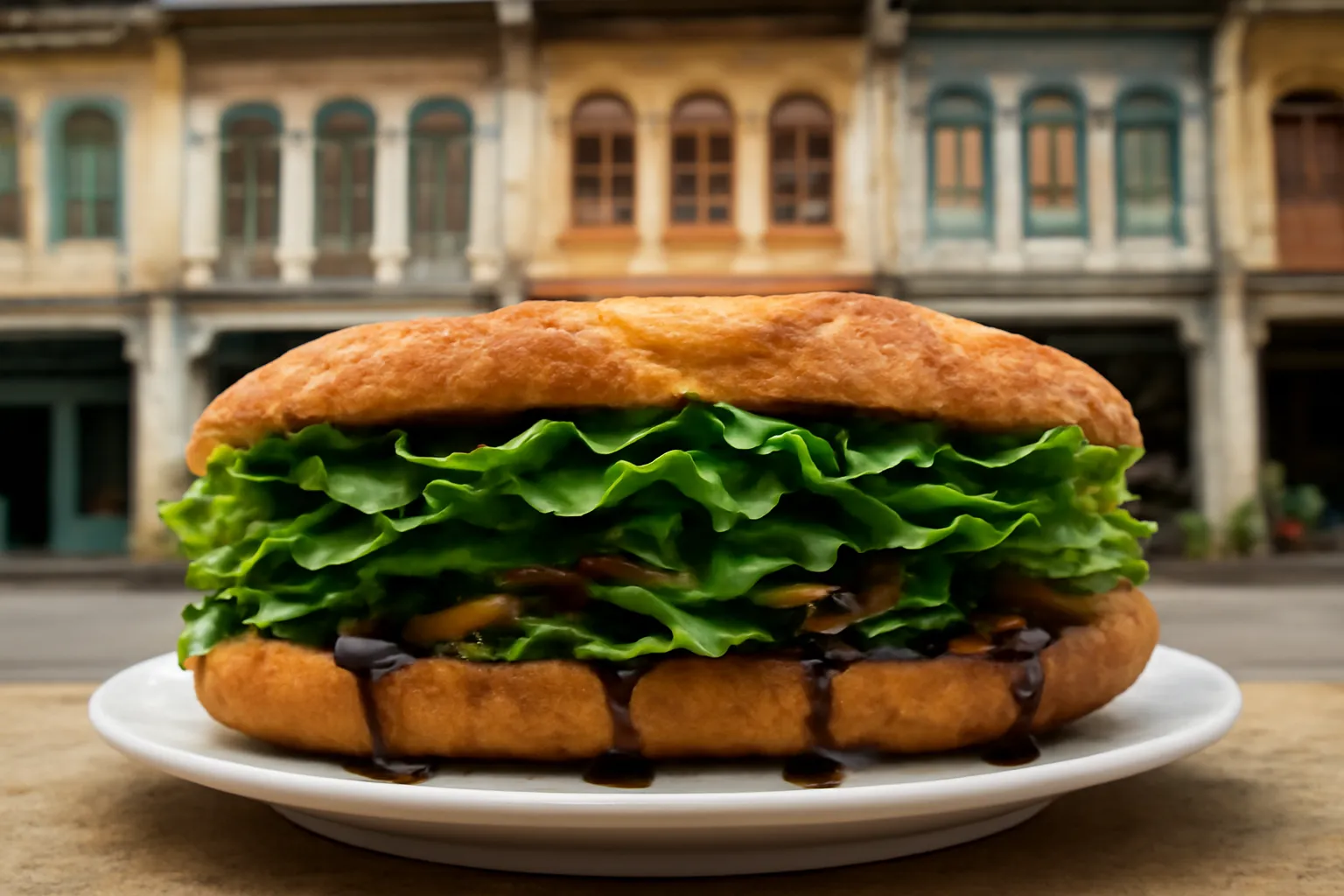 Bánh mì Hội An nhiều lớp nhân và rau trên đĩa men trắng
