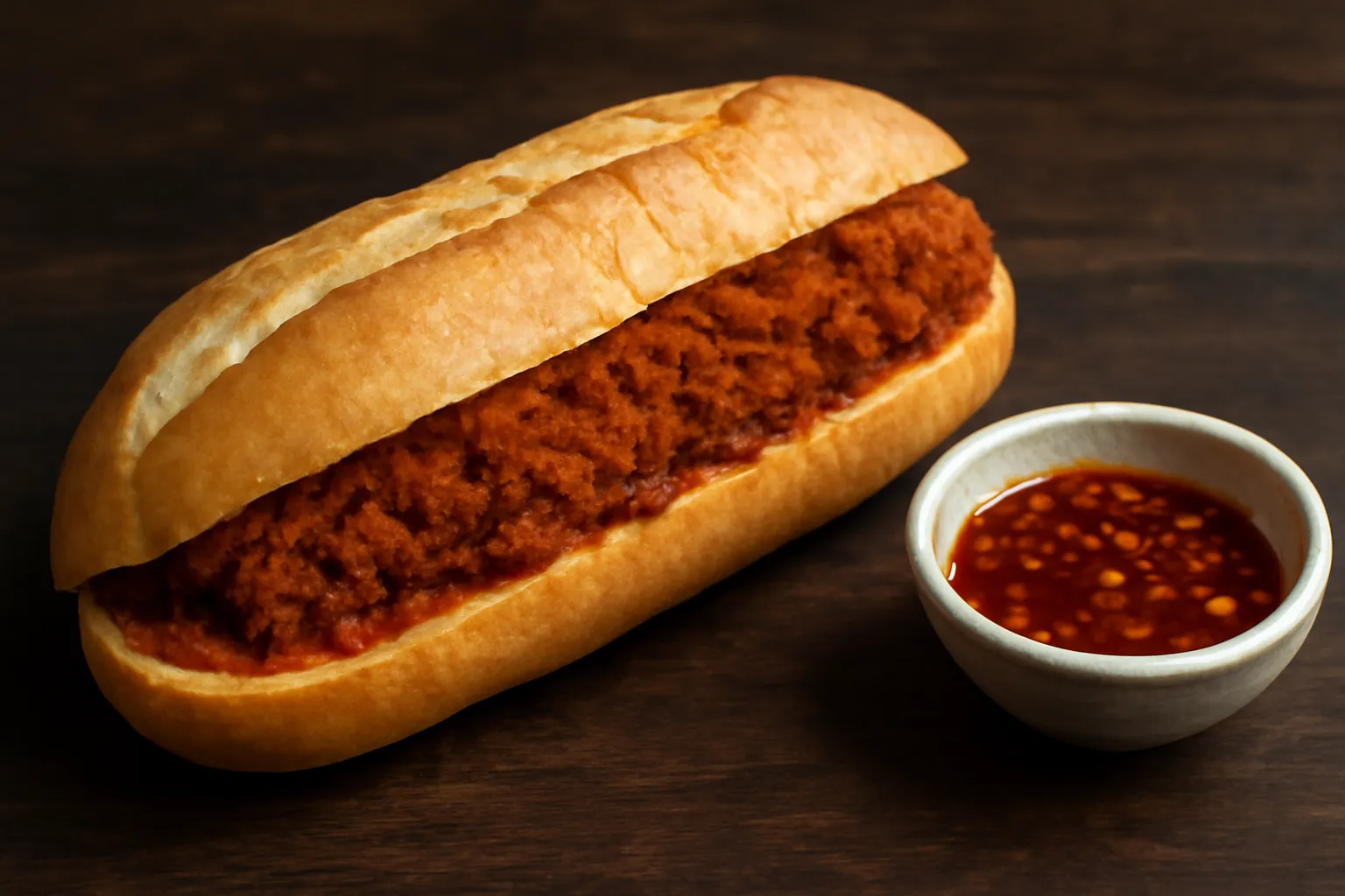 Chiếc bánh mì chay Huế với ruốc chay đỏ và sả ớt rắc trên