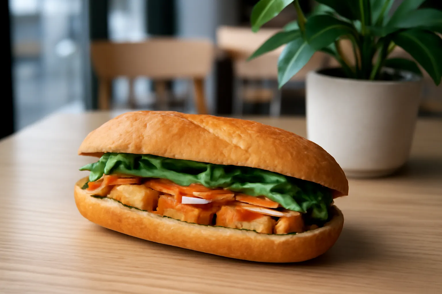 Chiếc bánh mì chay bày trên bàn gỗ trong quán kiểu phương Tây