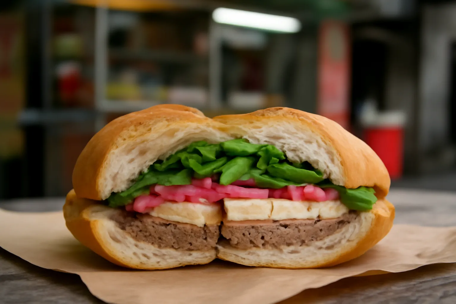 Chiếc bánh mì chay Sài Gòn mở ra thấy đủ lớp nhân và rau