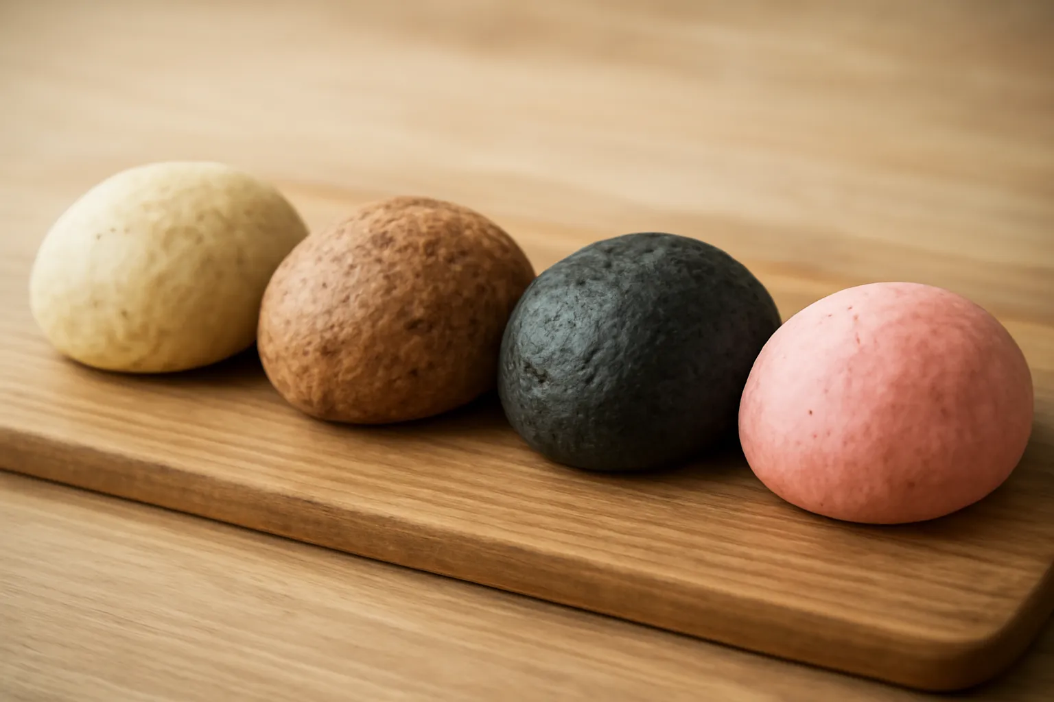 Bốn loại ổ bánh mì màu khác nhau xếp cạnh nhau trên thớt gỗ