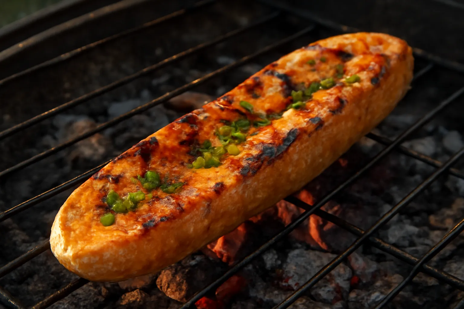 Ổ bánh mì nướng phết sốt muối ối đỏ đang xém cạnh trên vỉ