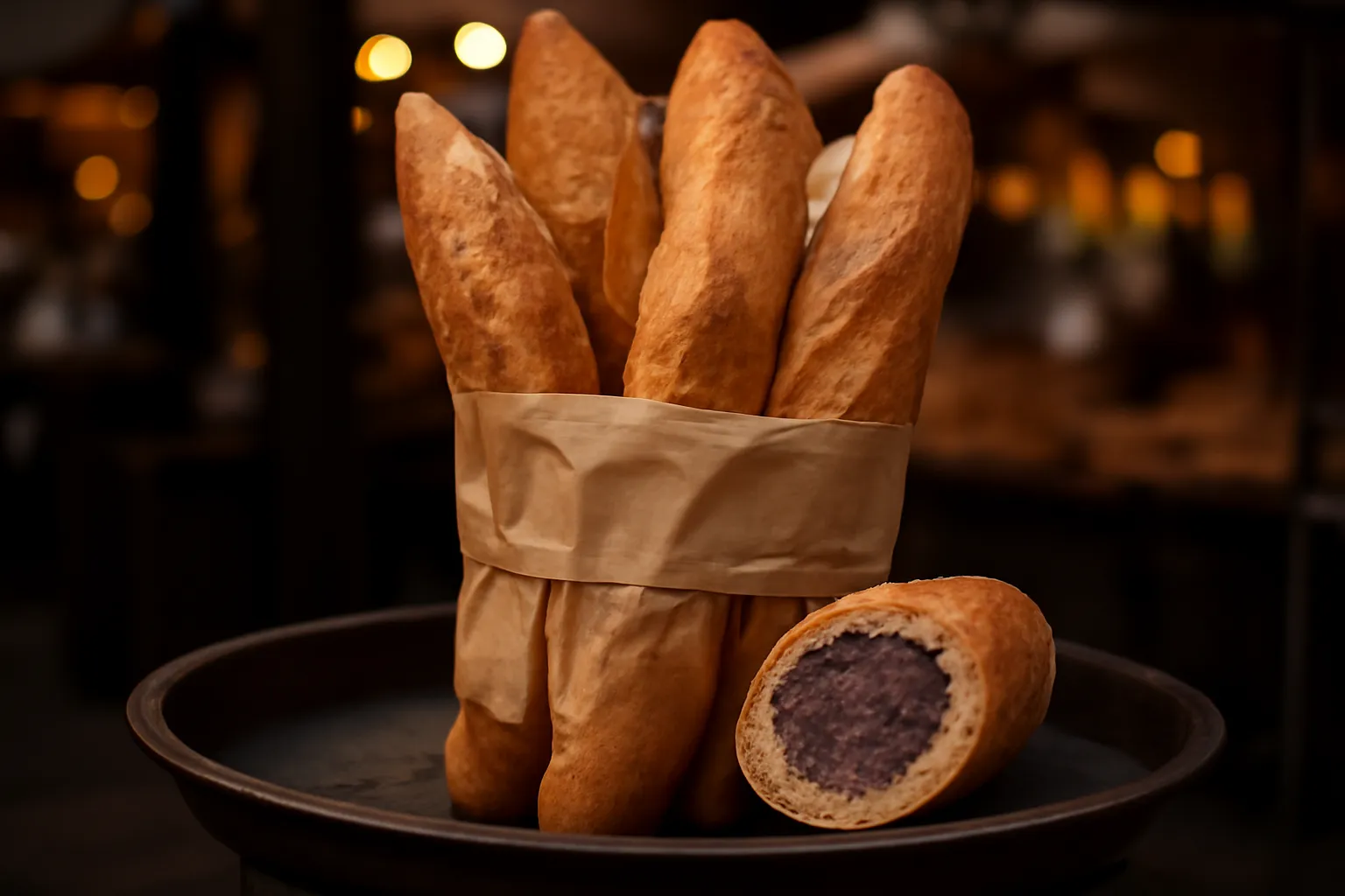 Mấy chiếc bánh mì que nhỏ bó trong giấy trên khay
