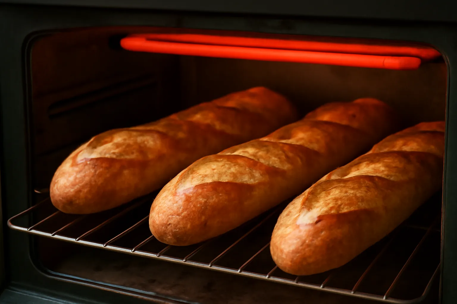 Ổ bánh mì đang được hâm trên vỉ trong lò nóng