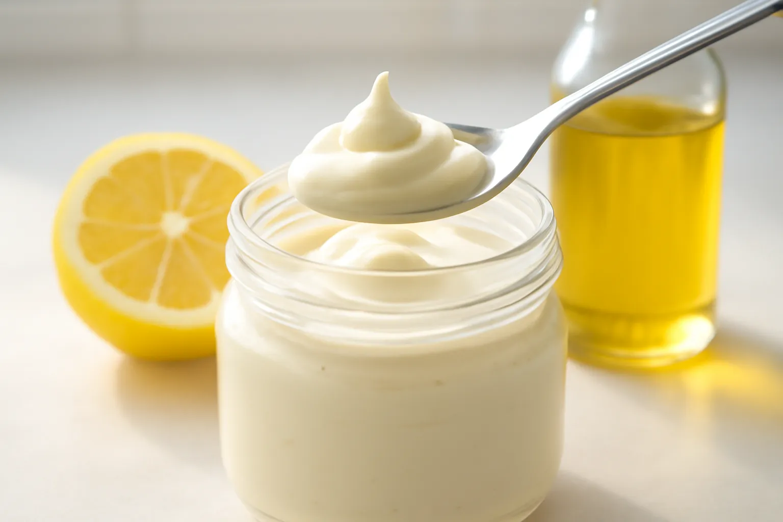 Hũ sốt mayonnaise chay trắng sánh với thìa đang múc lên