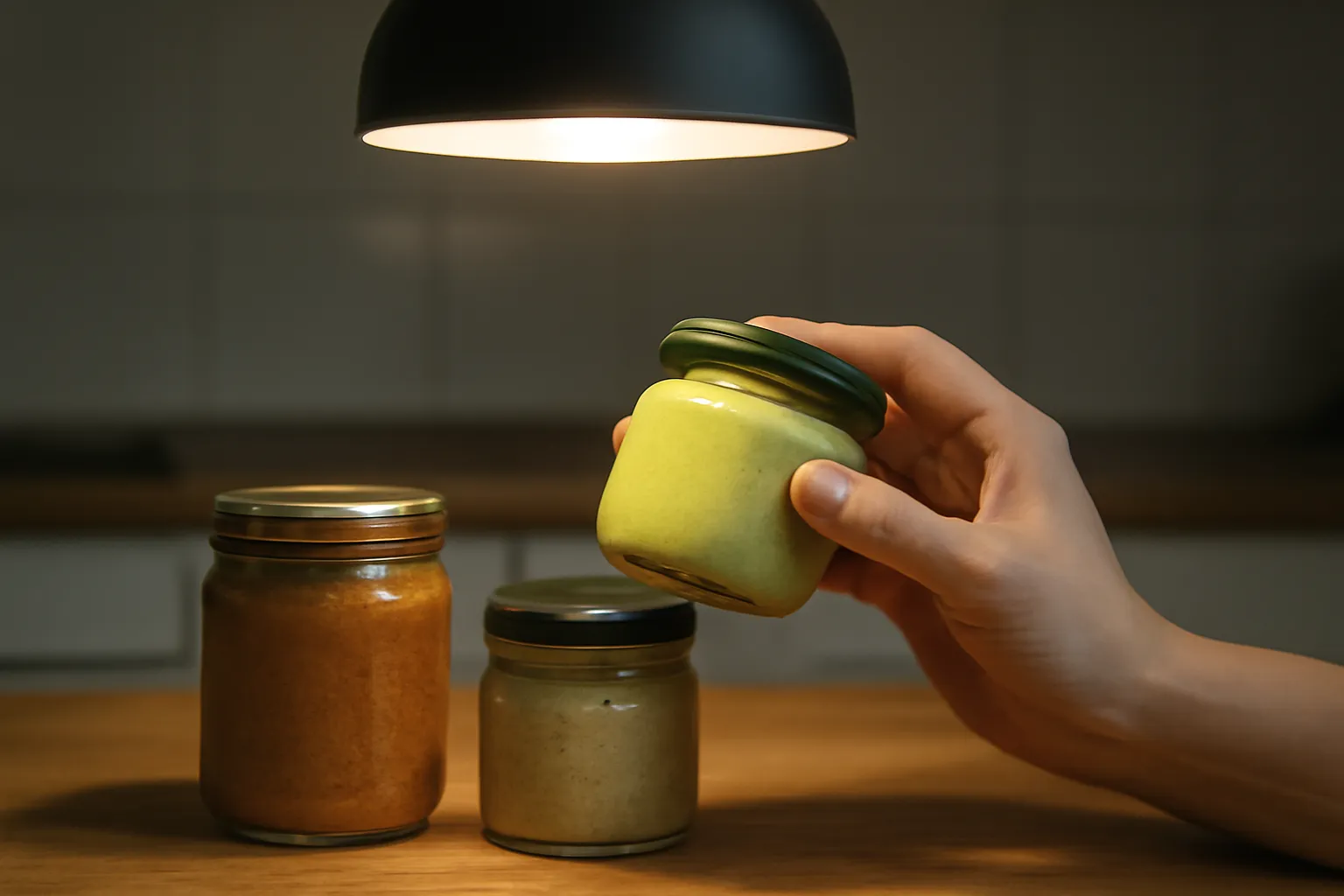 Ba lọ pate chay đóng sẵn với nhãn được xem kỹ dưới đèn