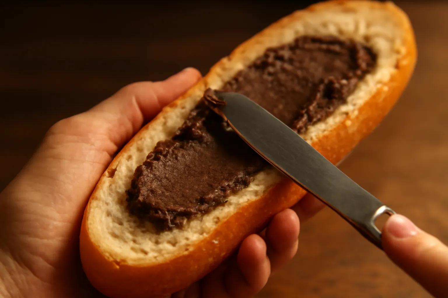 Dao phết đang trải lớp pate mỏng đều trong lòng ổ bánh mì
