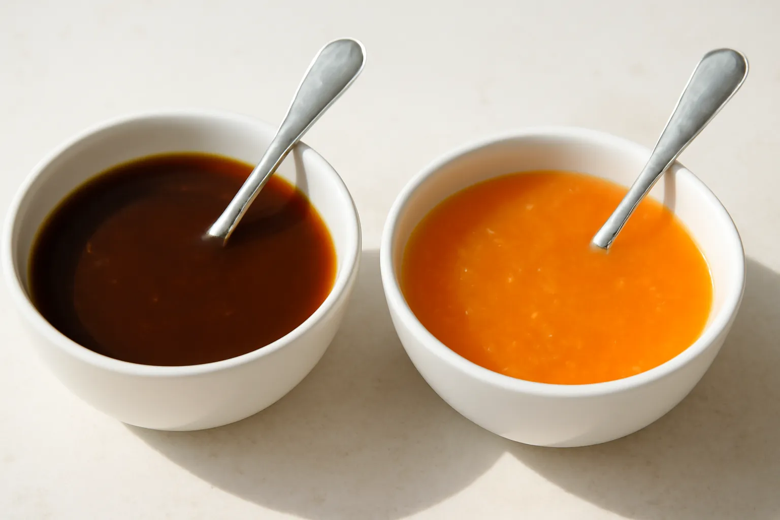 Chén sốt me nâu sánh và chén sốt chua ngọt màu cam